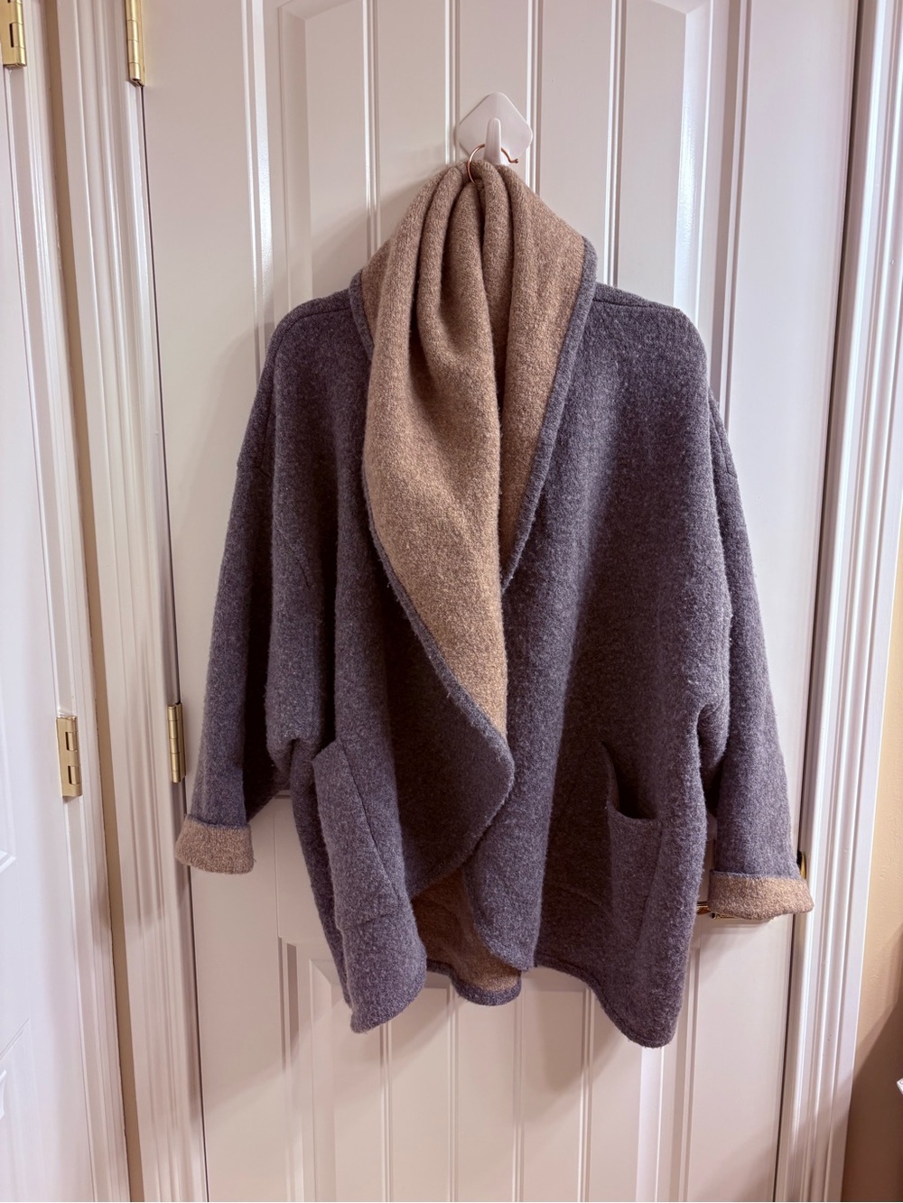 Anthropologie Hygge Oversized Gray Tan Cardigan Sweater Shawl Collar Reversible